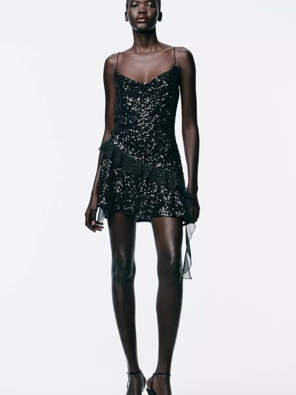 Zara Black Sequin Spaghetti-Strap Mini Dress